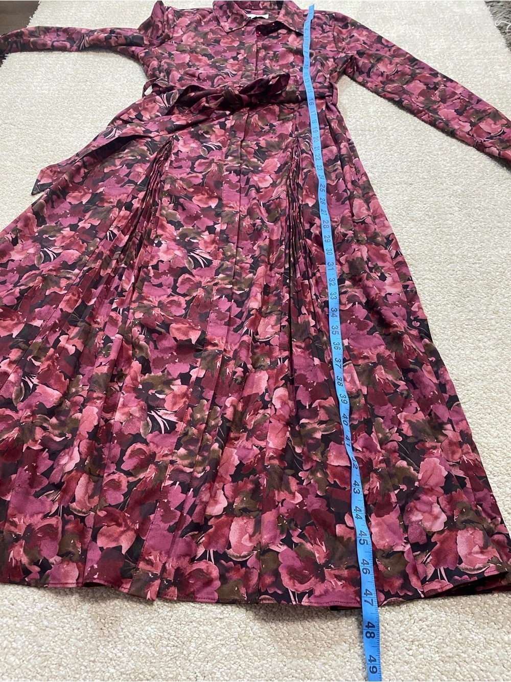 10 Crosby Derek Lam Maroon and Pink Floral Long-Sleeve Pleated Dress Size 4 - Picture 14 of 16